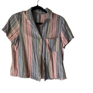 Ban.jara Shirt Womens Large Multicolor Linen Blend Short Sleeve Button Up Pocket